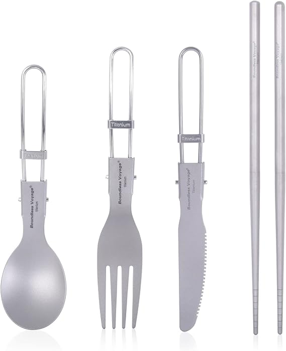 iBasingo Titanium Spork Spoon Fork Knife with Folding Handle Ultralight Dinnerware Utensils for Camping Outdoor Picnic Hiking Travel Home use