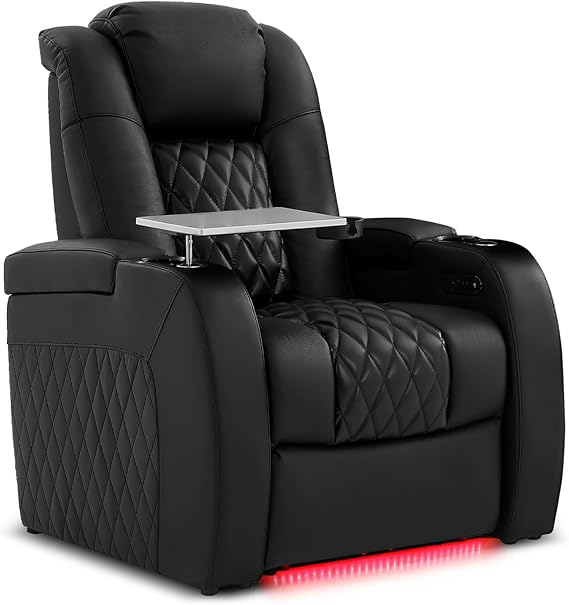 PBRO Home Theater Seating Top Grain Leather Recliner Chair, Movie Theater Chair Sofa with Power Reclining & Headrest USB Charger Ports Ambient Lighting, Black Single Seat for Home