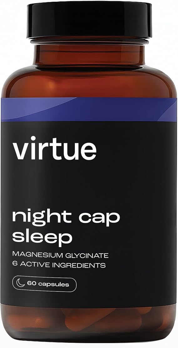 Virtue Night Cap Sleep | Magnesium Glycinate & L-Theanine Sleep Support | 6 Calming Ingredients Sleep Supplement | Natural Sleep Aid | 60 Vegan Capsules
