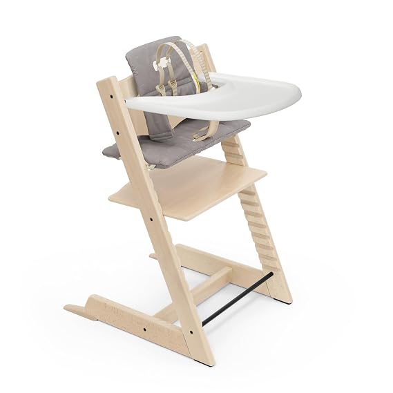 Tripp Trapp High Chair and Cushion with Stokke Tray - Natural with Icon Grey - Adjustable, Convertible, All-in-One High Chair for Babies & Toddlers