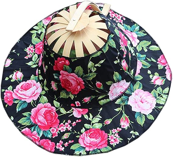 Bamboo Foldable Hand Fan for Sun Hat Women Sunhat Hat with 2 in 1 Foldable Chinese Bamboo Frame Floral Printed
