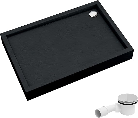 AQUABAD Elegana A49CR Shower Tray with LeakProtect Technology Black Stone 80 x 100 cm Rectangular with Drain Fitting / Siphon