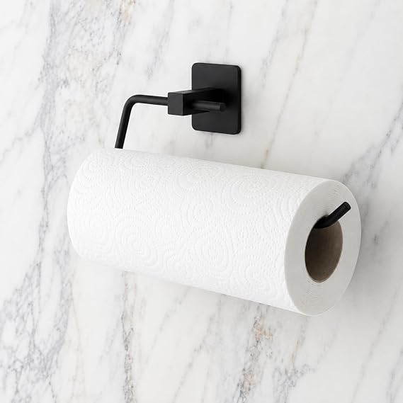 Kendinden Yapışkanlı Kağıt Havluluk ve Rulo Havlu Askısı - Deliksiz Montaj, Paslanmaz Metal, Mat Siyah - Mutfak ve Banyo İçin Duvara Monte Havluluk Aparatı