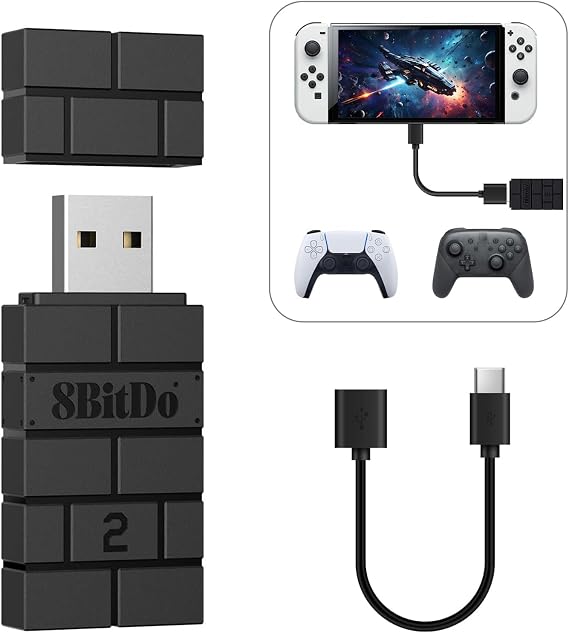 8BitDo USB Wireless Adapter 2 Bluetooth Adapter für Switch/2 Windows 10 PS Classic Android Raspberry Pi Retrofreak System Kompatibel mit Xbox Series JoyCon Switch Pro PS5/4/3 Controller