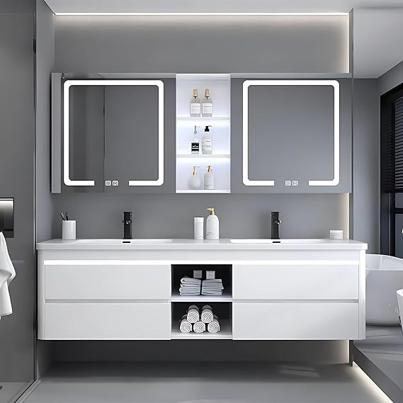 Floating Bathroom Vanity Set - 84IN Modern Bathroom Vanity with 4 Drawers, Double Sink, Square Sinks | One-Touch Defogging & LED Bathroom Mirror with Lights, White