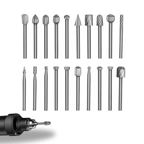 20 PCS Wood Carving Bits Set for Rotary Tool, High-Speed Steel Carbide Woodworking Carving Tools with Shank for DIY Wood Engraving, Drilling,