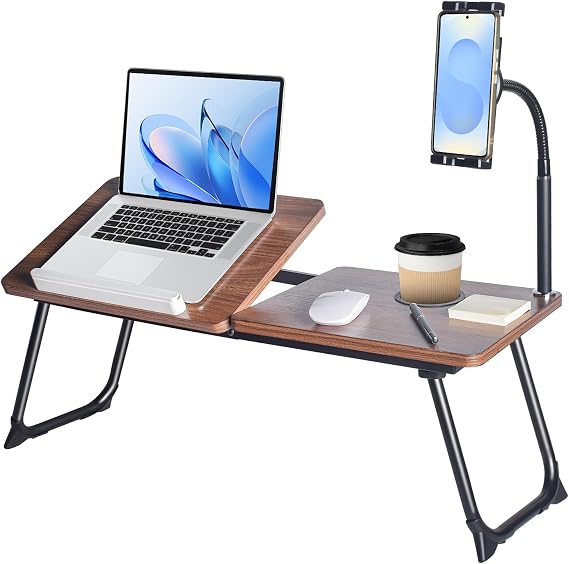 wishacc 28.7" Extra Wide Laptop Lap Desk for Bed and Sofa, Adjustable Bed Desk with Flexible Phone & Tablet Mount, Portable Black Lap Tray Table for Floor Couch Work, 2 Book Clips Included