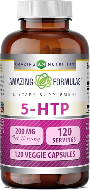 Amazing Formulas 5-HTP (L-5-Hydroxytryptophan) Supplement | 200 Mg per Serving | Veggie Capsules | Non-GMO | Gluten-Free | Made in USA (1 Pack | 120 Count)
