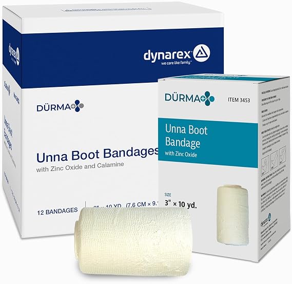 Dynarex Durma+ Unna Boot Bandages with Zinc Oxide - Maintains Moist Environment and Provides Compression for Leg Ulcers, Edema, Sprains - 3" x 10 yds - Case of 12 Rolls | Disposable Gauze Wrap, 3 in x 10 yds, Non-Sterile, Foil Wrapped, For Leg Ulcers, 730 Day Shelf Life