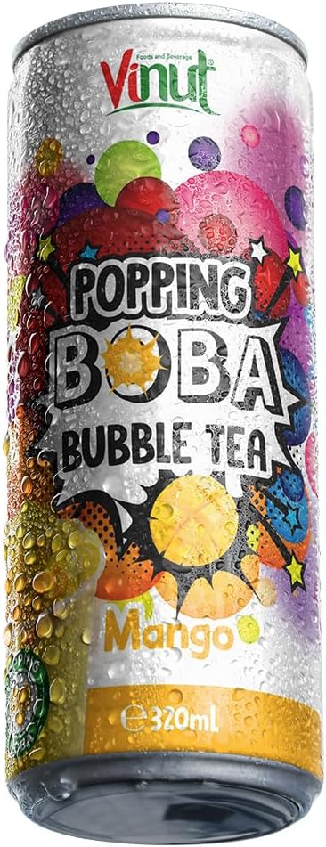 Vinut Popping Boba Bubble Tea 320ml | Natural Fruit Flavours, Ready to Drink - Strawberry, Peach, Mango, Lychee (Mango)