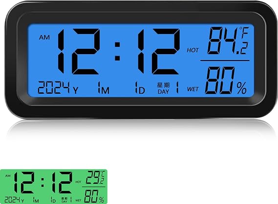 Timloon Car Dashboard Clock with Automatic Backlight at Night(Green & Blue), Temperature and Humidity Monitor, 12/24 Hour Format Time, Calendar, Solar Power and Type C Cable Charging for Car Truck