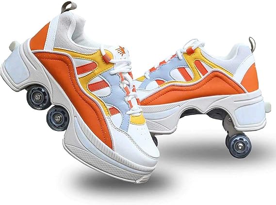Double-Row Deform Wheel Automatic Walking Shoes Invisible Deformation Roller Skate 2 in 1 Removable Pulley Skates Adult Children's Unisex Skating Shoes Recreation Sneakers