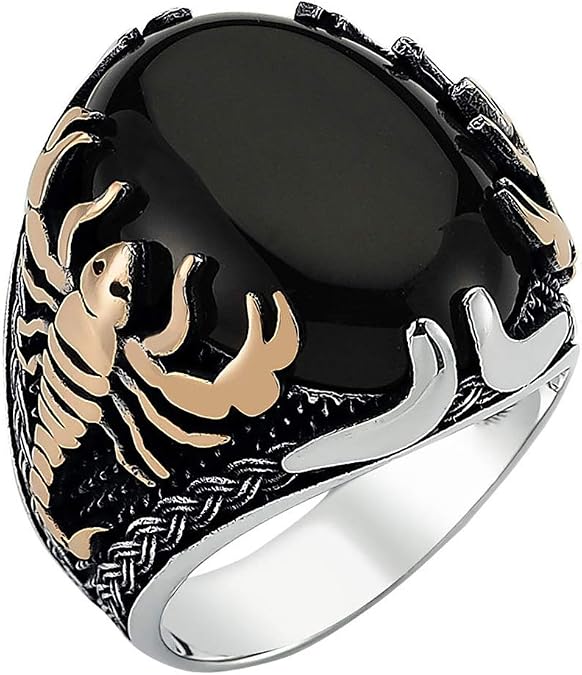 Solid 925 Sterling Silver Onyx Stone Scorpion Figure Men's Ring