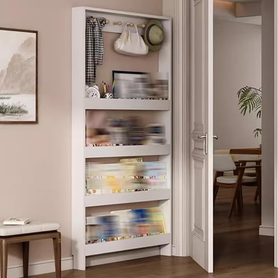 5-Tier Behind The Door Bookshelf, Wooden Narrow Bookcase Book Shelf, Floor Standing Display Storage Organizer with Hooks for Books and Decor(White,23.6in/60cm)