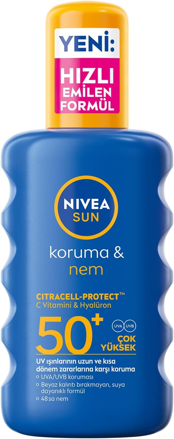 NIVEA SUN SPF50+Yüksek Güneş Koruyucu 200 ml,Suya Dayanıklı,Nemlendirici,C Vitamini,Hyalüron