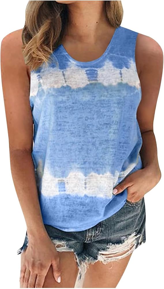 LFEOOST Tank Tops for Women Loose Fit Plus Size Sleeveless Crew Neck Tie Dye Vest Summer Casual Holiday T-Shirt Blouses