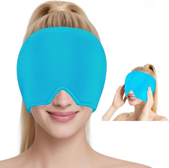 Migraine Relief Cap, Reusable Hot Cold Therapy Head Wrap for Headache Relief, 360° Gel Ice Pack Mask for Chronic Migraine, Tension Headache, Sinus Stress, Puffy Eyes (Blue)