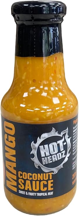 Hot-Headz! Mango, Habanero Pepper & Coconut Sauce. Medium Heat Spicy & Sweet Mango Sauce Perfect for Chicken, Pizza, Pasta Or Steak. Use As Marinade, Glaze, Sauce Or Dip. Gluten-Free & Vegan. (287ml)