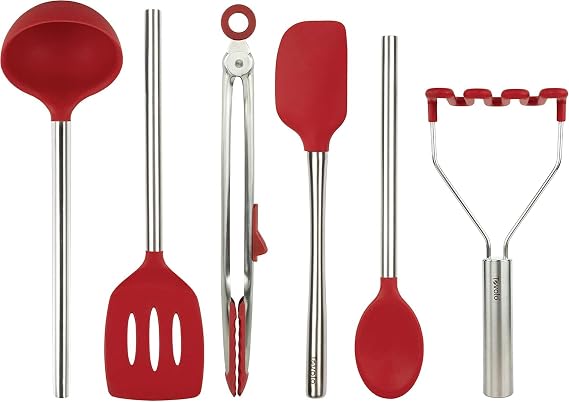 Tovolo Silicone Cooking Utensil Set of 6 Stainless Steel Handle Ladle Slotted Turner Tongs Flex Core Spatula Scraper Mixing Spoon & Potato Masher, Dishwasher Safe BPA Free Utensils, Cayenne Red