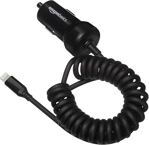 Amazon Basics 12W (5V, 2.4A) Fast Car Charger with Coiled Lightning Cable, MFi Certified for iPhone, iPad and Apple Devices, 1.5 ft, Black