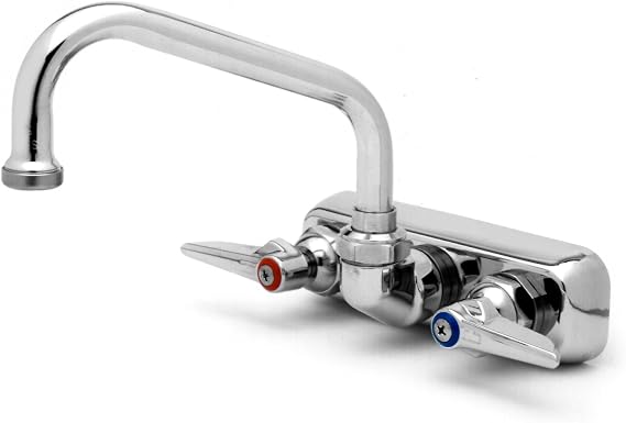 T&S Brass B-1116 Workboard Faucet with Wall Mount, 4-Inch Centers, 8-Inch Swing Nozzle and Lever Handles Silver