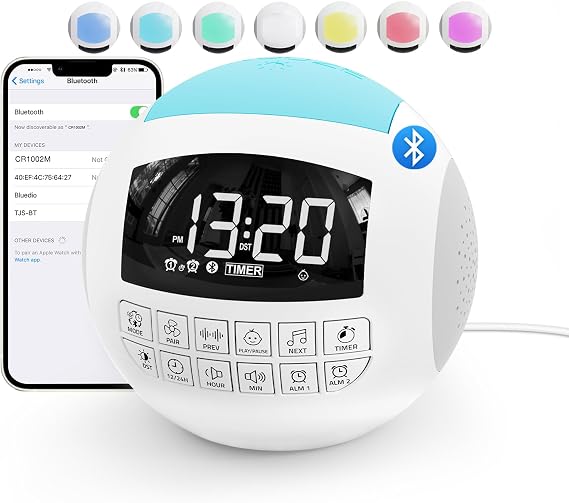 42 Sound White Noise Machine for Kids Adult Baby Sleeping + Bluetooth + Nightlight, Lullaby/Nature Soothing Sounds, 2 Alarm Clock for Bedroom Home, Adjustable Volume, 15-480 Timer, USB & AC Powered...
