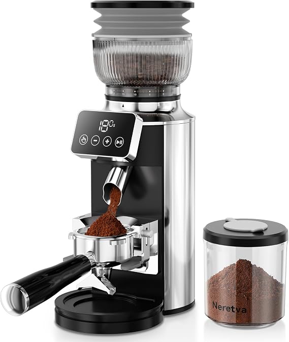 Neretva Stainless Steel Espresso Grinder with Portafilter Holder, Silver