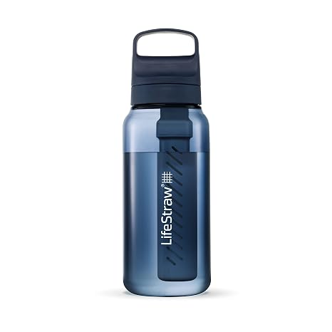 LifeStraw Go Series BPA-Free Water Filter Bottle for Travel and Everyday Use Removes Bacteria, Parasites and Microplastics, Improves Taste, 1L Aegean Sea