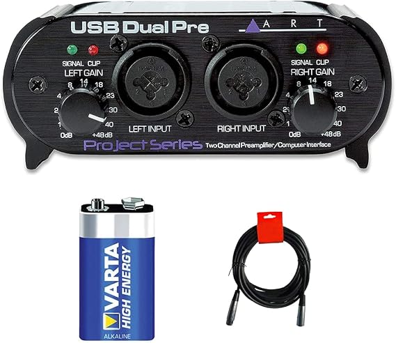 ART USB Dual Pre USB 1.1 Digital Audio Interface with Dual Microphone Preamps Bundle with Varta 9V Alkaline Battery and 20" XLR-XLR Cable