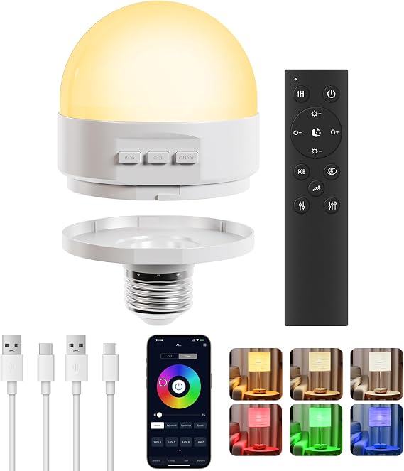 E26 2.4Ghz Rechargeable Light Bulb with Remote Control,Battery Operated Light Bulb for Sconces and Lamps, E26 Detachable Charging for Non-Hardwired Fixture,Dimmable 3000K-6500K RGBWW,1Pack