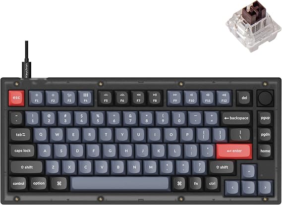 Keychron V1 Wired Custom Mechanical Keyboard Knob Version, 75% Layout QMK/VIA Programmable with Hot-swappable Keychron K Pro Brown Switch Compatible with Mac Windows Linux (Frosted Black-Translucent)