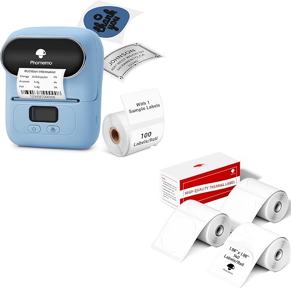 Phomemo Barcode Label Printer- M110 Label Maker Portable Bluetooth Label Maker Machine for Small Business, Barcode, Address, Logo, Clothing, Jerwery, Compatible with iOS & Android, Blue