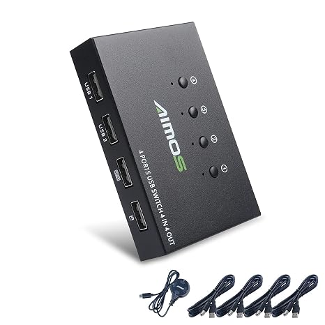 AIMOS USB Switcher, 4 Input 4 Output USB Switching + Hub, 4 PCs Sharing Mouse, Keyboard, Scanner, Printer, U Disk, Hard Disk etc., 4 USB Cables