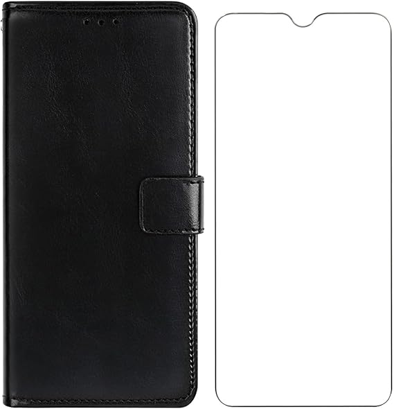 for Hotwav Hyper 7 Pro Wallet Case + Tempered Glass Screen Protector, Flip Folio Leather Cell Phone Cover with Credit Card Holder for Hotwav Hyper 7 Pro (6.60") - Black