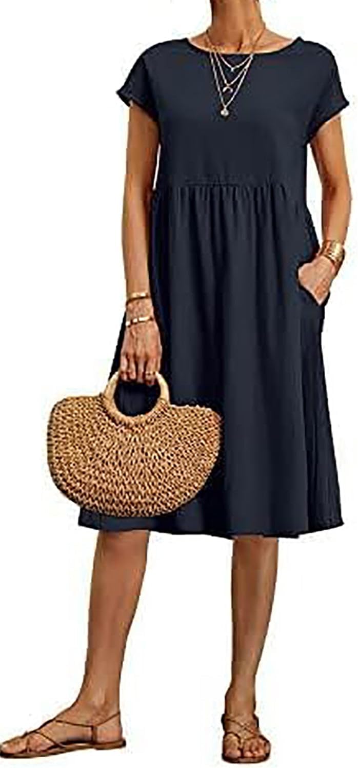 BIRW Cotton Linen Dresses for Women 2025 Summer Casual A Line Flowy Dress Beach Vacation Midi Gauze Dress with Pockets