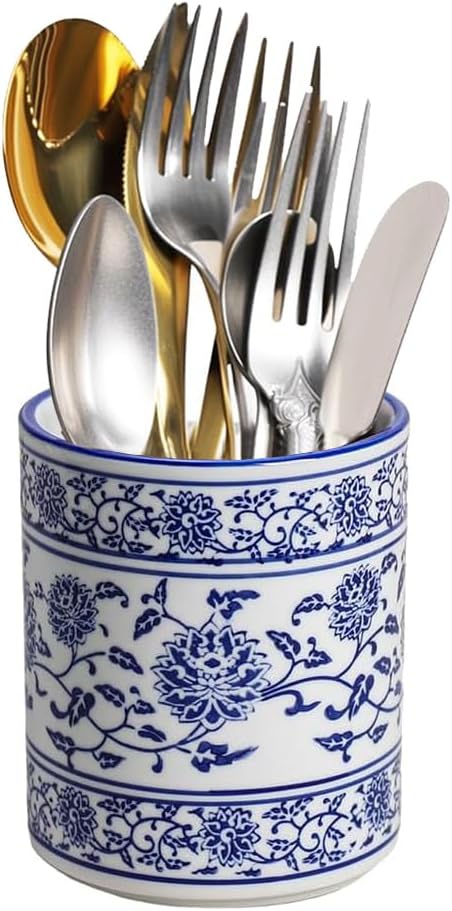 Utensil Holder,Blue and White Ceramic Utensil Crock for Spoon and Fork