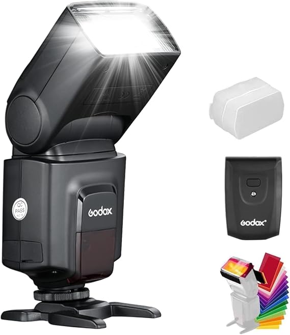 Godox Wireless 433MHz GN38 Camera Flash Speedlite with Built-in Receiver with RT Transmitter Compatible for Canon Nikon Sony Olympus Pentax Fuji DSLR Cameras with Diffuser + Filters