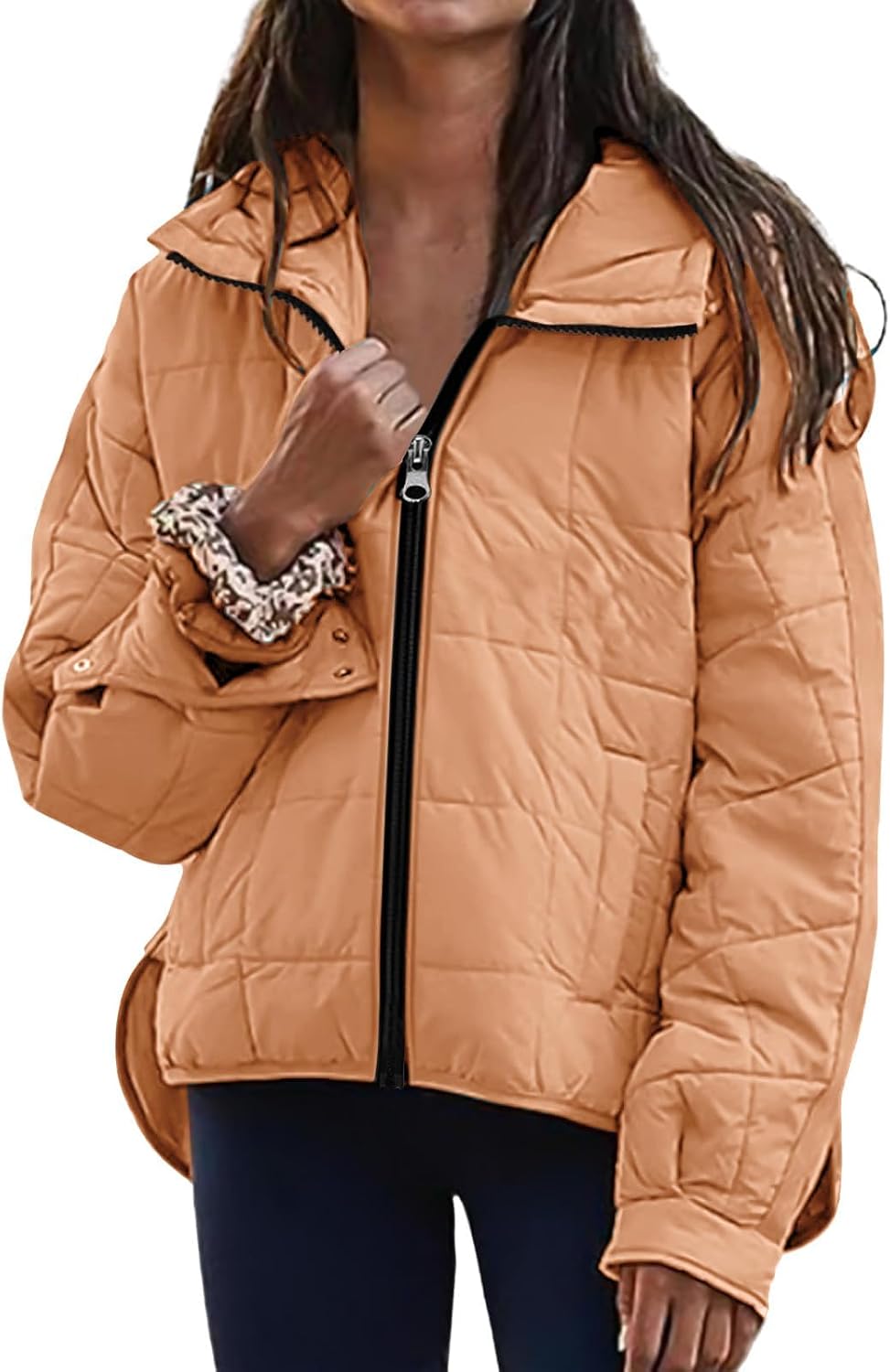 Womens Quilted Lightweight Puffer Jacket Long Sleeve Zip Up Hooded Down Coat Winter Warm Padded Jackets with Pockets