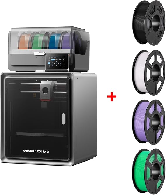 (PLA 4KG Bundle) Anycubic Kobra S1 Combo 3D Printer, 4 Stunning Multicolor with Anycubic ACE PRO, 600mm/s High Speed + ANYCUBIC PLA Filament 1.75mm, 4kg, Black+White+Purple+Green