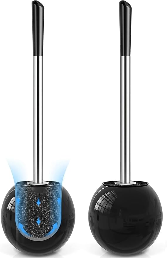 Toilet Brush and Holder 2 Pack, 304 Stainless Steel Toilet Brush with Extended and Durable Comfortable Brush Handle, Toilet Bowl Brush for Bathroom Toilet - Ergonomic, Pratical Durable (Black)