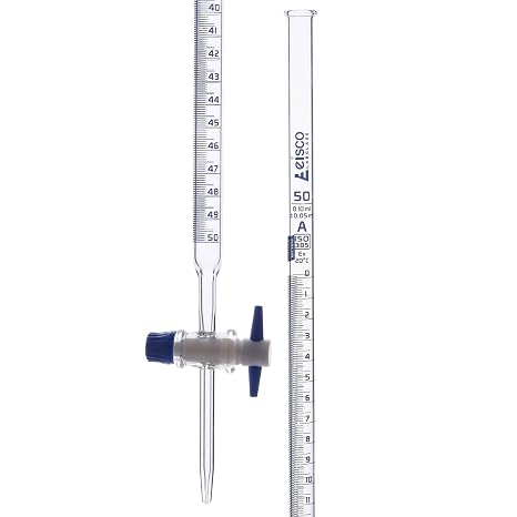 Eisco Labs - 50mL Class A Burette 0.05mL, Borosilicate Glass with PTFE Key Stopcock - ISO 385 Batch Certified - High Durability and Chemical Resistance, Burette with Stopcock, Precise Flow Burette