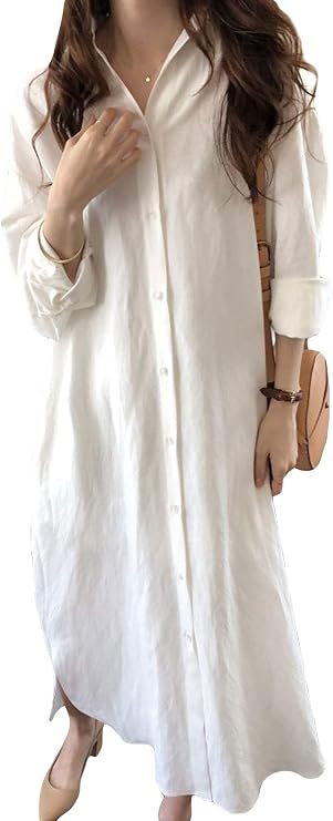 Hotmiss Womens Chic Button Down Rolled-Up Sleeve Long Cotton Blouse Shirt Dress Side Slit Maxi Dresses