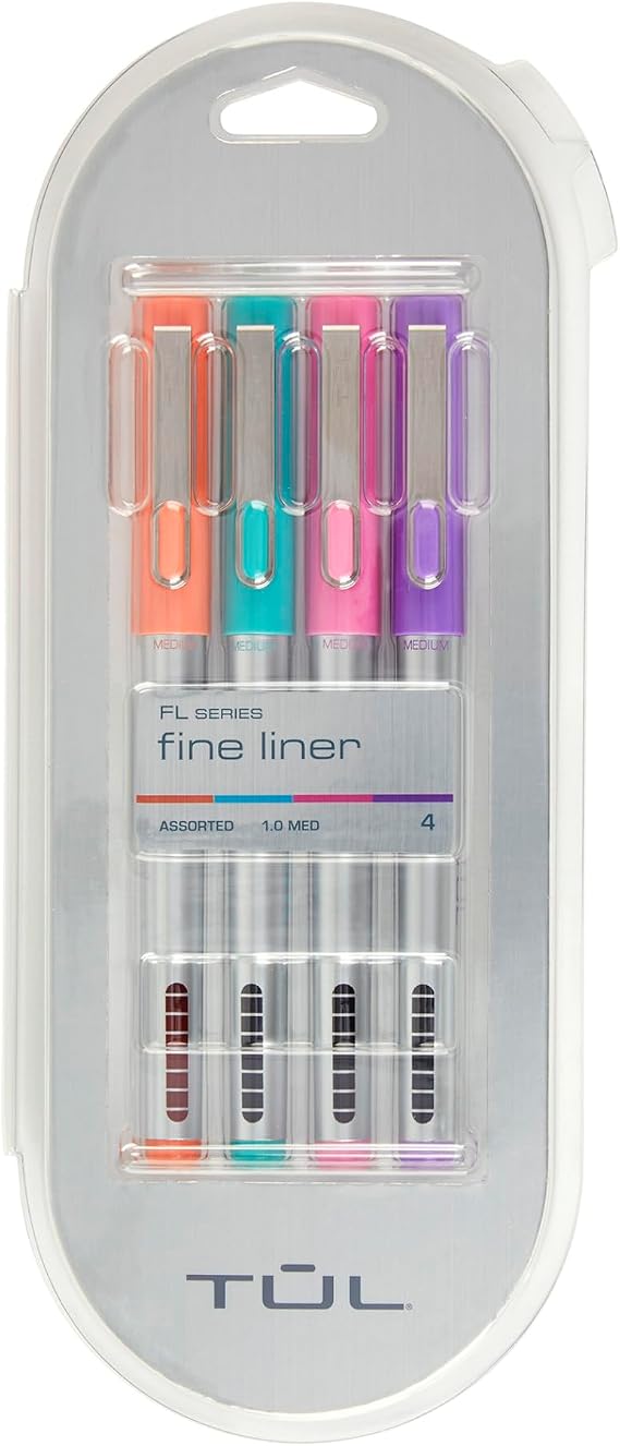 TUL Fine Liner Felt-Tip Pen, Fine, 1.0 mm, Silver Barrels, Assorted Inks, Pack of 4 Pens