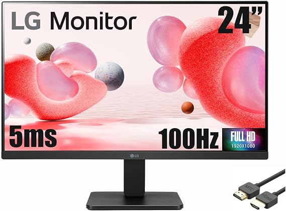 LG 24" IPS 3-Side Borderless FHD Monitor, LED Display with sRGB 99% Color Gamut, 100Hz, 5ms, AMD FreeSync (HDMI), Black, with MTC HDMI Cable, LG 24MR400-B