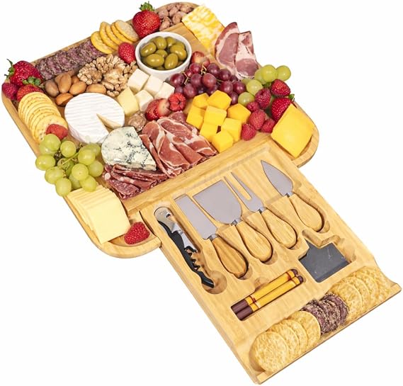 Cheese Board Gift Set with Built-in Storage Drawer, Bamboo Charcuterie Board Set with Cheese Knives, Slate Labels & Bottle Opener, Housewarming, Wedding
