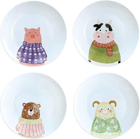 Cute Cartoon Animals Pattern Ceramic Dinner Plates, Set of 4-Pig Bear Sheep Cow-8 Inch