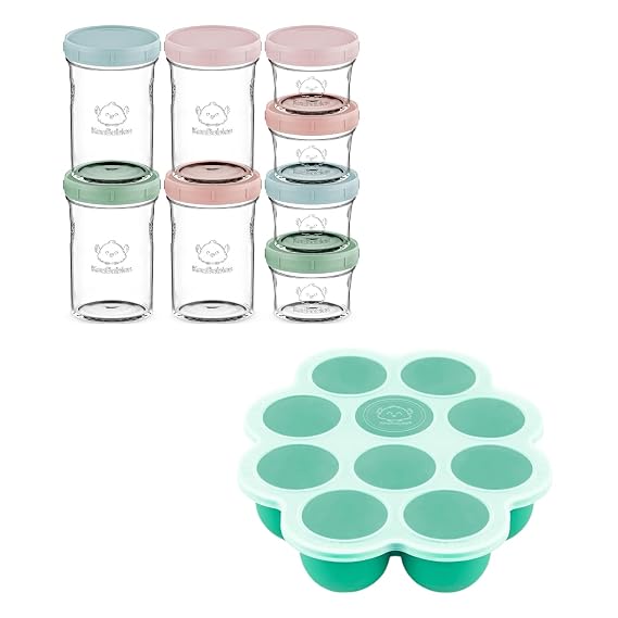 Keababies 4pk 8oz & 4pk 4oz Glass Baby Food Containers and Silicone Baby Food Freezer Tray with Clip-on Lid - Leak-Proof, Microwavable Small Baby Glass Jars with Lids - Baby Food Silicone Freezer Mold