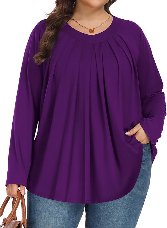 Tencede Womens Plus Size Tops Long Sleeve Shirts V Neck Tunic Blouses 1X-5X