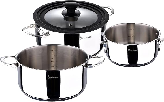 MasterPro Foodies Saucepan Set 4-Piece Set with 16, 20 and 24 cm Pots and Glass Lid Stainless Steel Cooking Pot Set Suitable for All Hob Types