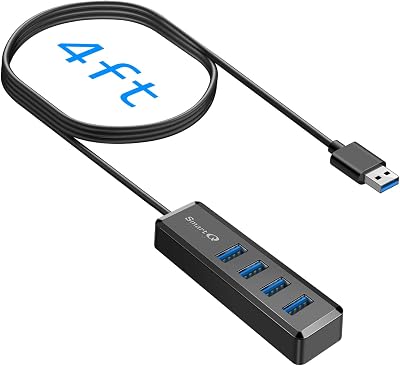 SmartQ USB 3.0 Hub 4 Port – 4ft Long Cable USB Extension Hub, High-Speed Multi-Port Adapter for Laptop, PC, Mac, Xbox, PS5, Keyboard, Flash Drive